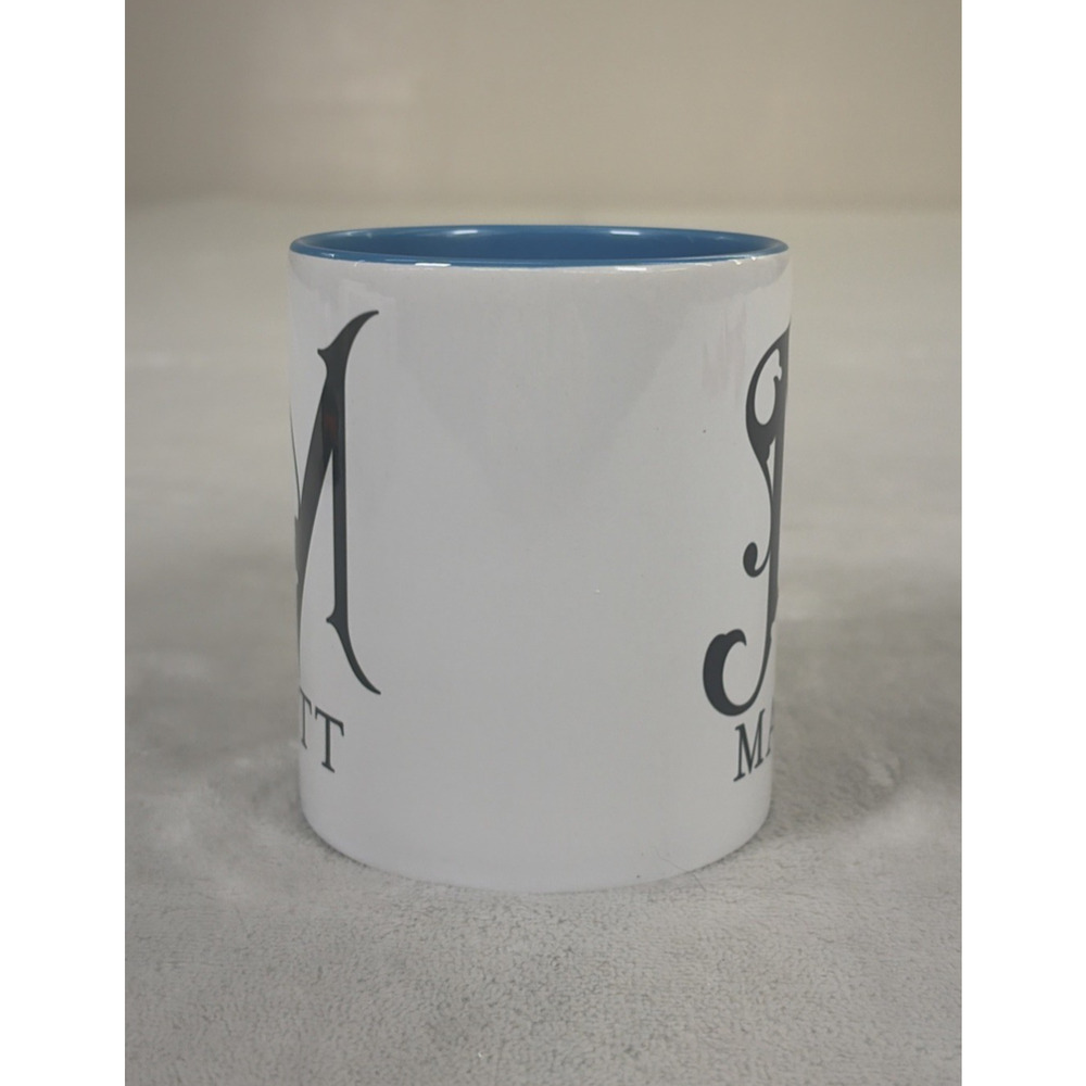 Personalized "M" Matt Coffee Mug Ceramic Cup 11oz Blue Interior Blk Letters - Picture 3 of 11